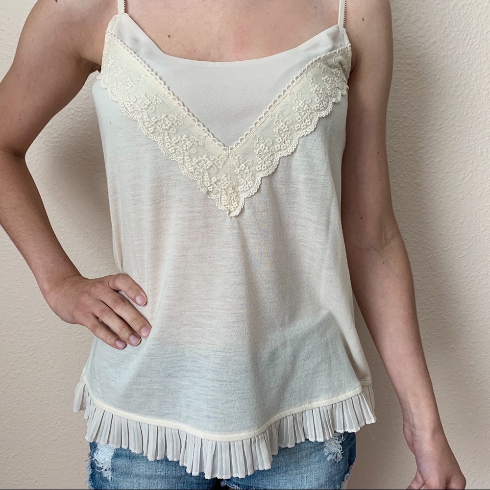 American Eagle Outfitters Cream Pleated Lace Tank